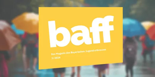 Logo des "baff"-Magazins des Bayerischen Jugendrotkreuz vor unscharfem Hintergrund