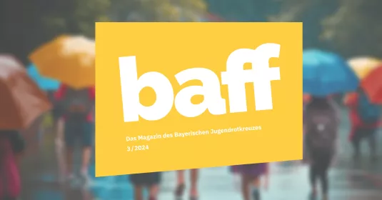 Logo des "baff"-Magazins des Bayerischen Jugendrotkreuz vor unscharfem Hintergrund