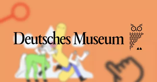 Logo des Deutschen Museums vor unscharf dargestellten Illustrationen im Hintergrund