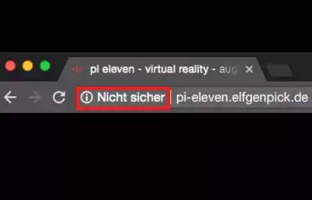 Beispiel in der URL einer Website, indem "Nicht Sicher" vor der eigentlichen URL steht, da diese Verbindung nicht sicher ist. Das "Nicht sicher" ist mit einem roten Kästchen versehen. Eine wichtige Information für die EU-DSGVO. Auf dieser Webseite muss man aufpassen.