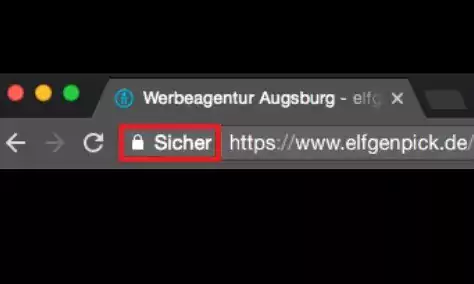 Beispiel einer URL im Browser vor welcher "Sicher" steht mit einem geschlossenen Vorhängeschlosszeichen. Das ist das Zeichen und die Info für eine sichere Website. EU-DSGVO konform eingehalten. 