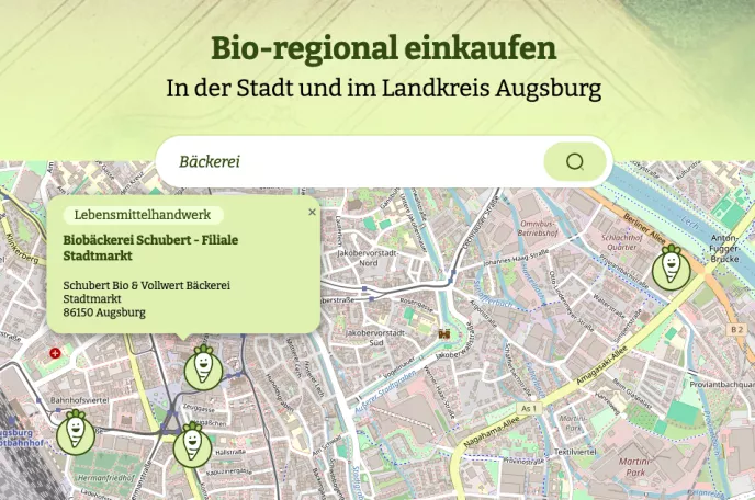 Nun wird gezeigt, wie die Suchfunktion funktioniert. Angezeigt werden nun verschiedene Suchanfragen, die dann auf der Karte lokalisiert werden. Hier gesucht wurden Fleisch, Bäckerei, Restaurant und Fischach. 