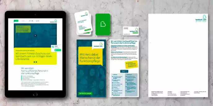 Elfgenpick Werbeagentur Corporate Design Beispiel Bambachcare mit Briefpapier, Flyer, Visitenkarte und Webauftritt